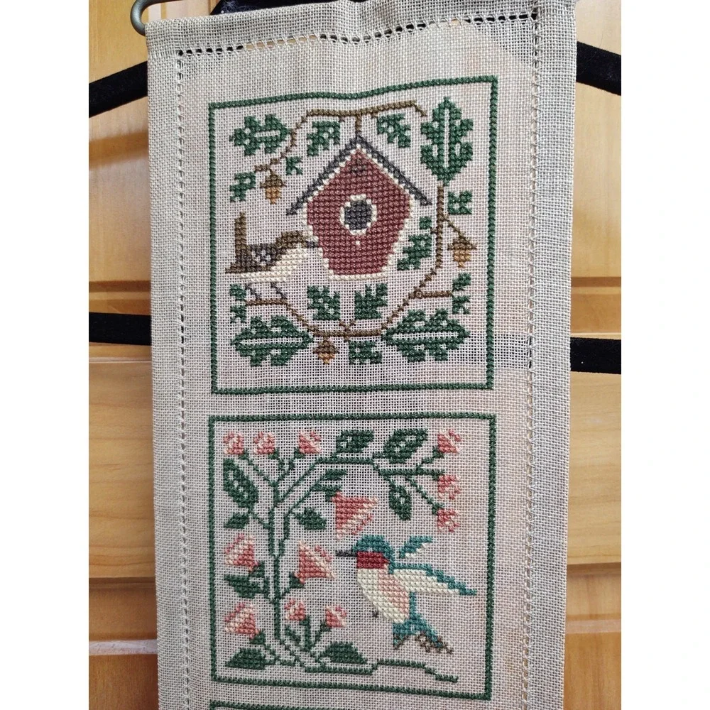 Vintage Completed Cross Stitch Birds Bell Brass Hanger 36